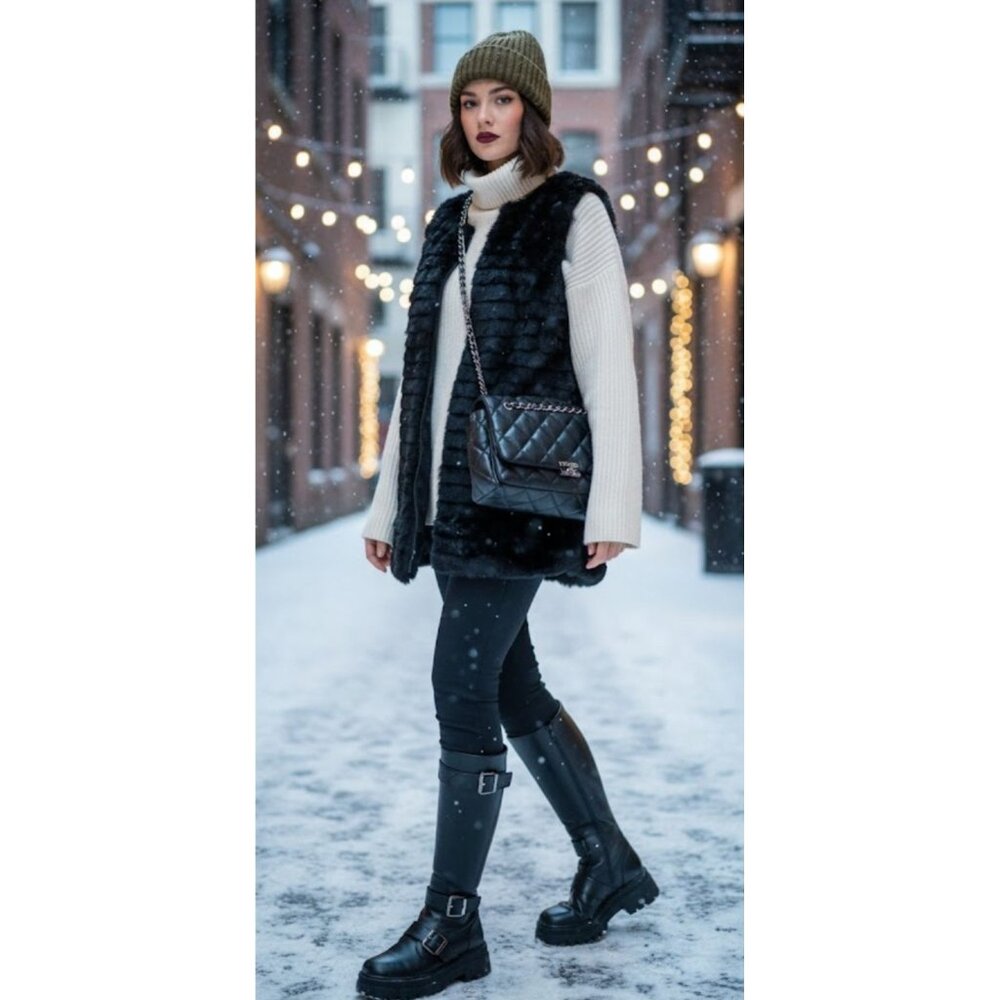 A/X Armani Exchange  Black Faux Fur Full Zip Front Sleeveless Vest Women's S/P